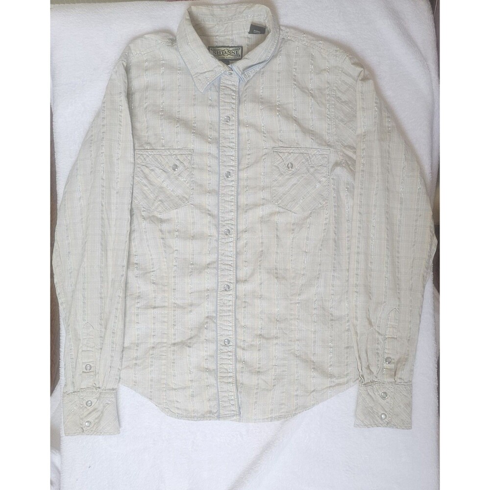 Shyanne Country Wear Women's Western Button Down Shirt Blue Tan Striped Large
